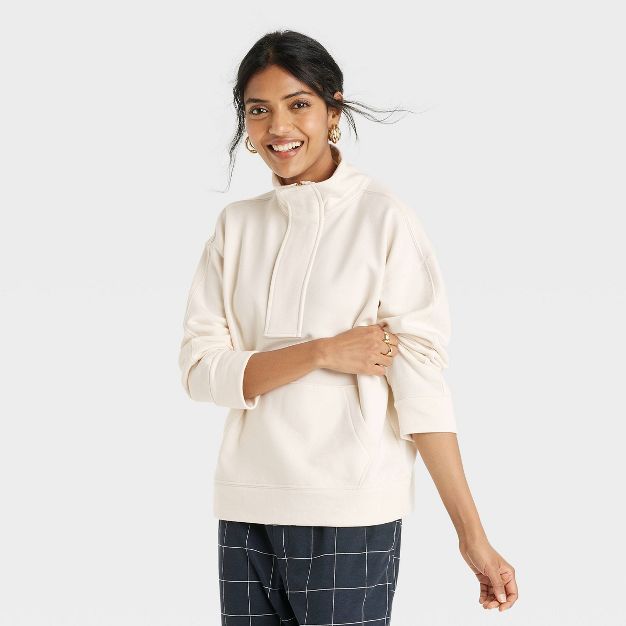 Women&#39;s Quarter Zip Sweatshirt - A New Day&#8482; Cream M | Target
