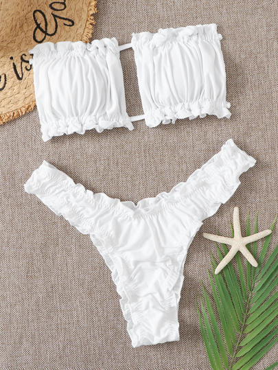 Ruched Frill Trim Bandeau Bikini Swimsuit | SHEIN