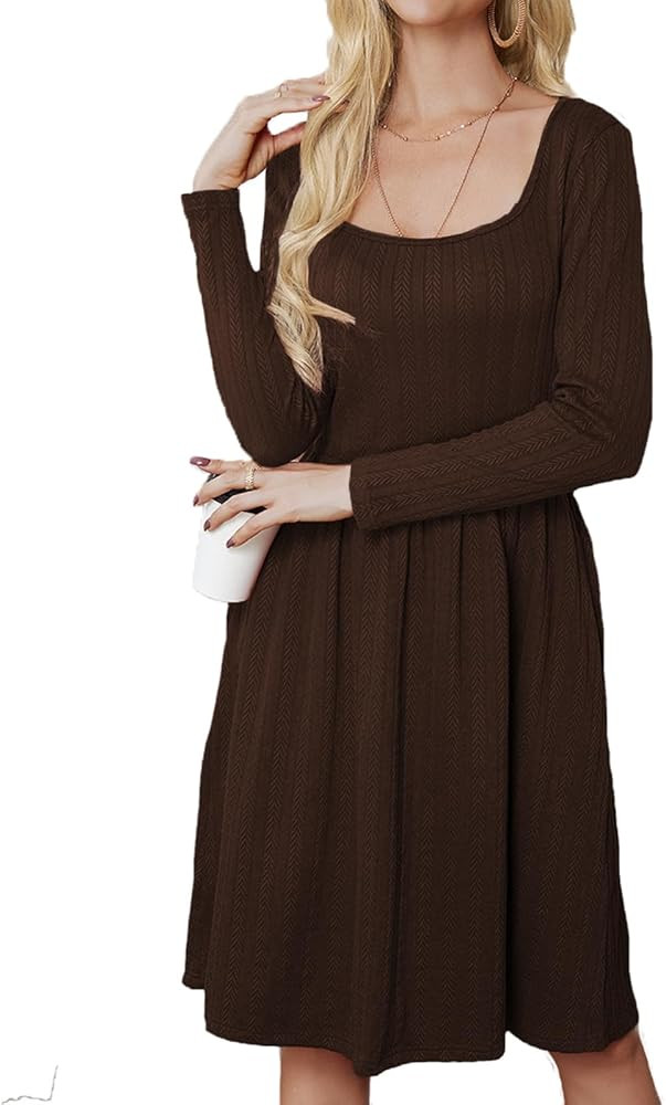 Fall Dresses for Women 2024 Casual Sweater Dress Square Neck Knit Long Sleeve Dress with Pockets ... | Amazon (US)