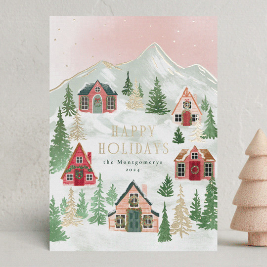 "Mountaineer" - Customizable Foil-pressed Holiday Cards in Pink by Petra Kern. | Minted