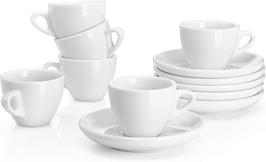 Sweese 2 Ounce Espresso Cups with Saucers, Porcelain Espresso Cups Set of 6 - White | Amazon (US)