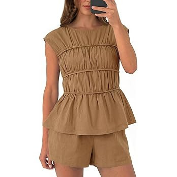 Tankaneo Womens Summer Smocked 2 Piece Short Sets Cap Sleeve Babydoll Peplum Blouse Casual Matchi... | Amazon (US)