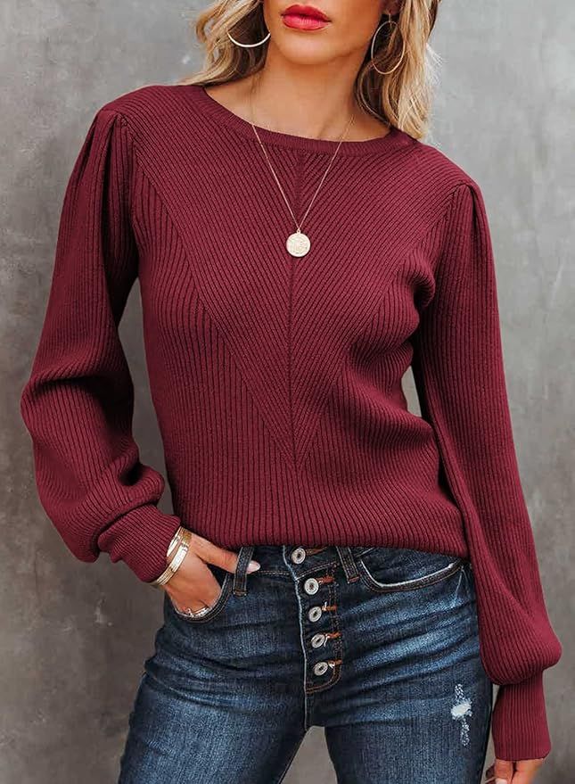 Asvivid Women's Long Lantern Sleeve Casual Loose Crewneck Ribbed Knit Sweater Solid Soft Pullover... | Amazon (US)