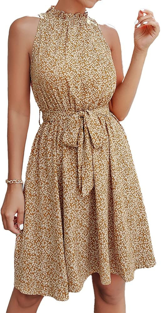 BTFBM Women Floral Dresses Casual Summer Sleeveless Halter Neck Ruffle Belt Boho Polka Dot Leopar... | Amazon (US)