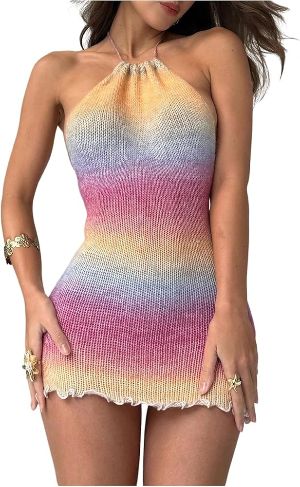 Floerns Women's Ombre Print Sweater Dress Sleeveless Halter Neck Bodycon Mini Dresses | Amazon (US)
