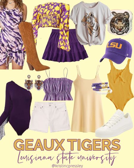 Game day outfit inspo. Tailgating outfit. Fall outfit. Football. LSU Tigers. College football. Tigers. Tiger shirt. Purple shirt. Yellow shirt. Purple and yellow outfit. Tassel shirt. Denim shorts. White sneakers. Brown boots. Western boots. Yellow dress. Purple dress.￼

#LTKstyletip #LTKSeasonal