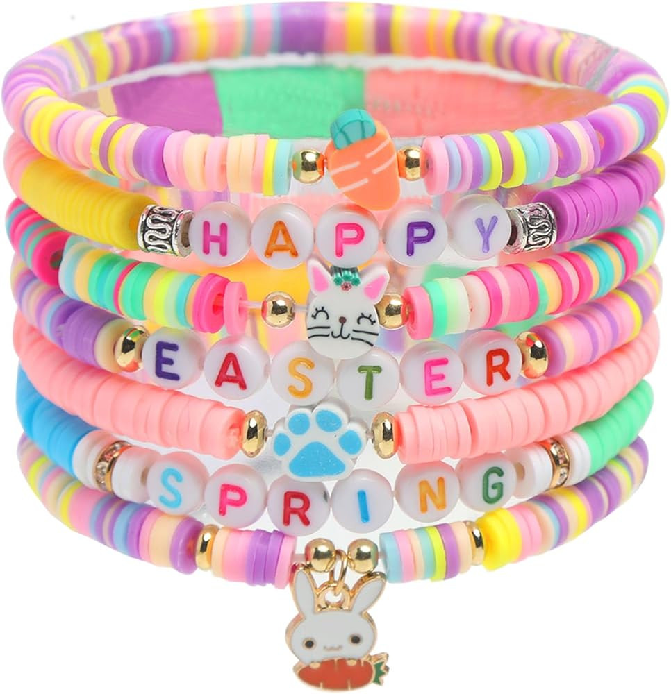 Easter Heishi Bracelets Polymer Clay Elastic Bracelets Man Woman Party Easter Bunny Egg Bracelets | Amazon (US)