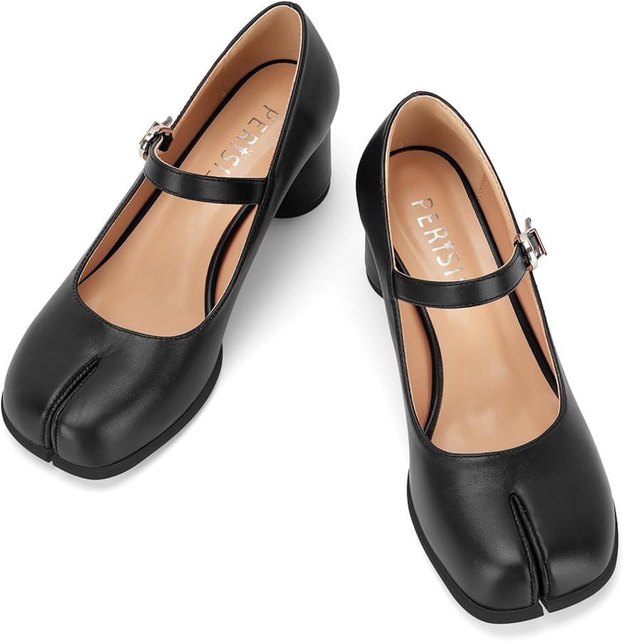 Women's Tabi Shoes Black Mary Janes Split Toe Chunky Block High Heels Ankle Strap Comfort Dress W... | Amazon (US)