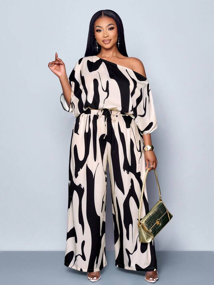  Women's Allover Print Asymmetrical Neck Blouse And Pants Set | SHEIN