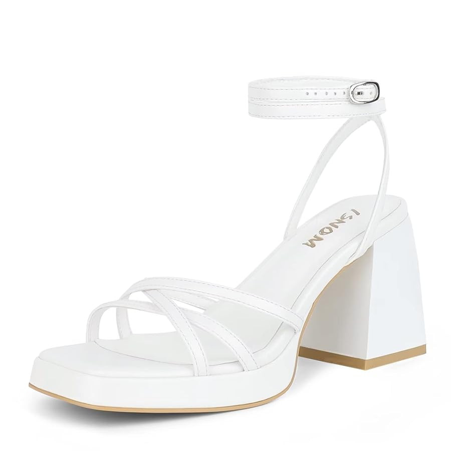 ISNOM Platform Heels for Women Comfortable Strappy Heels Short Block Chunky Sandals Ankle Strap S... | Amazon (US)