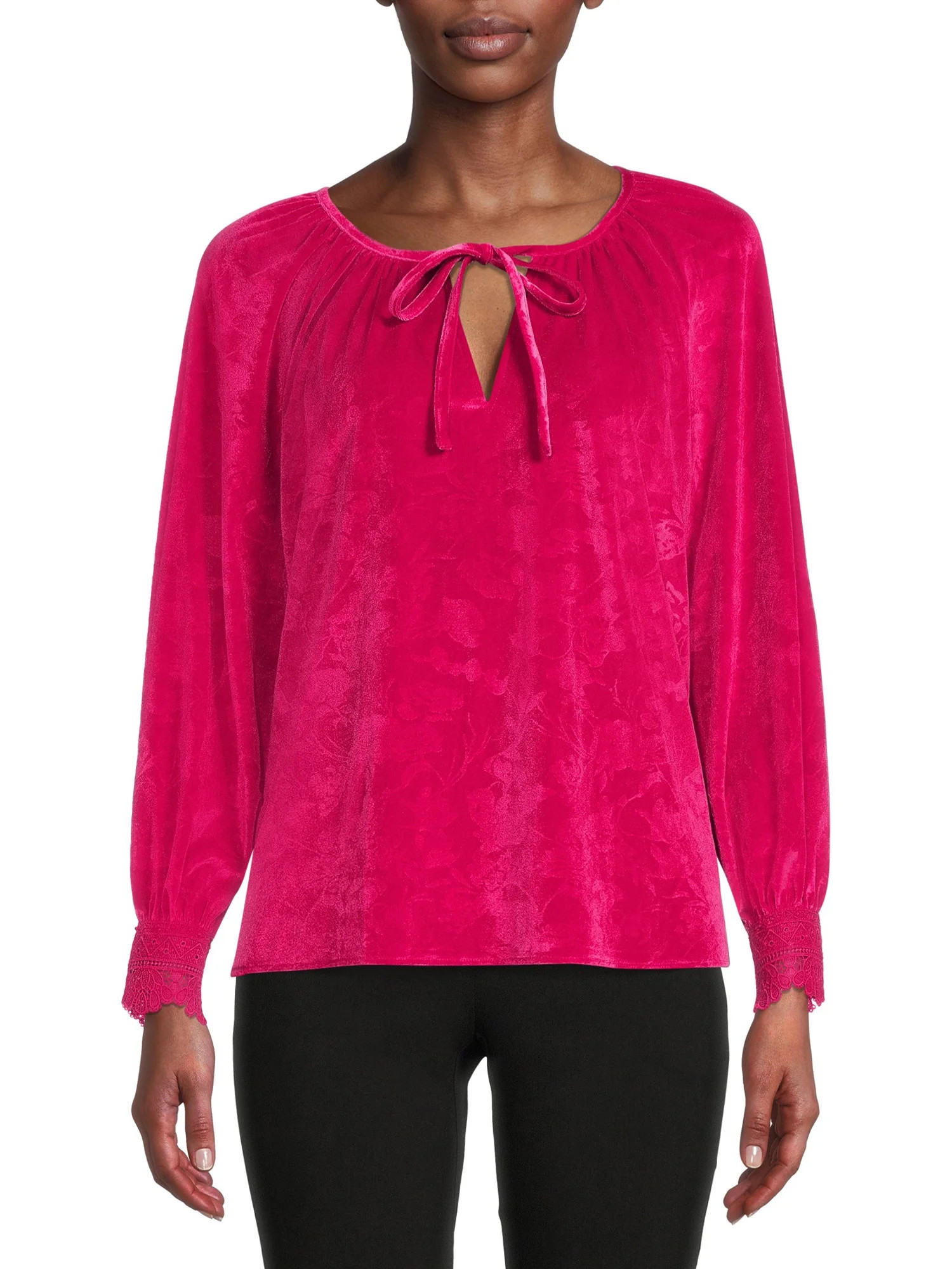 The Pioneer Woman Crochet Cuff Raglan Sleeve Velvet Blouse, Womens | Walmart (US)