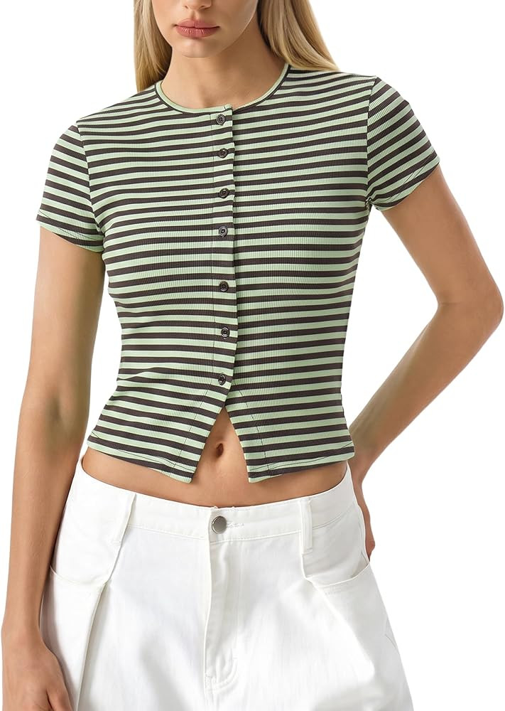 QINSEN Women's Crewneck Short Sleeve T Shirts Ribbed Button Going Out Trendy Tops | Amazon (US)