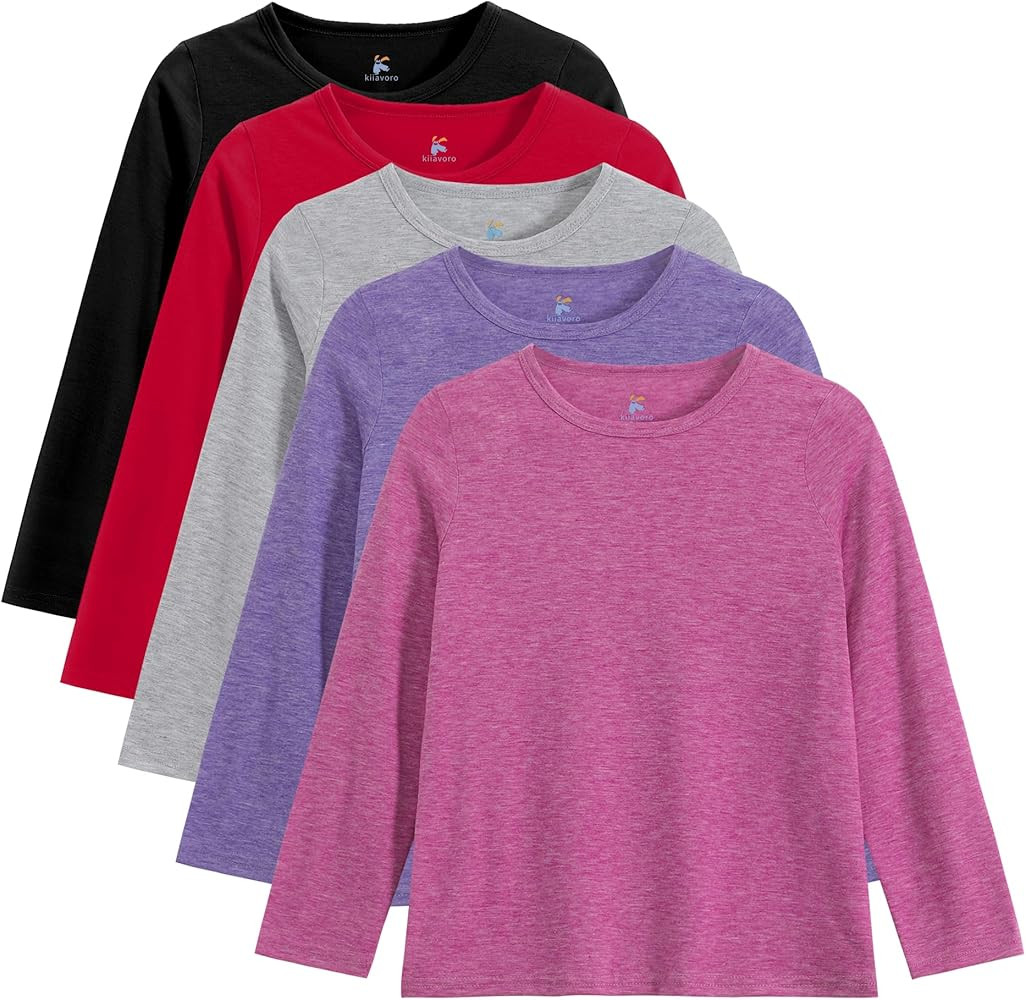 5 Pack Girls Long Sleeve Shirts Soft Crewneck Long-Sleeve T-Shirts Basic Tagless Layering Tees | Amazon (US)