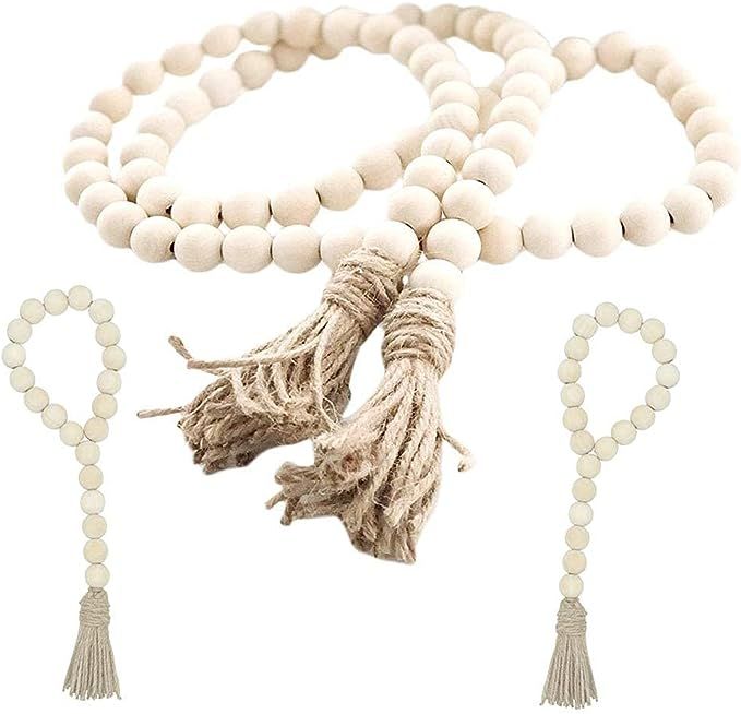 Sivya 3Pcs Wood Bead Garland Set, Farmhouse Beads with Tassels Wall Hanging Décor | Amazon (US)