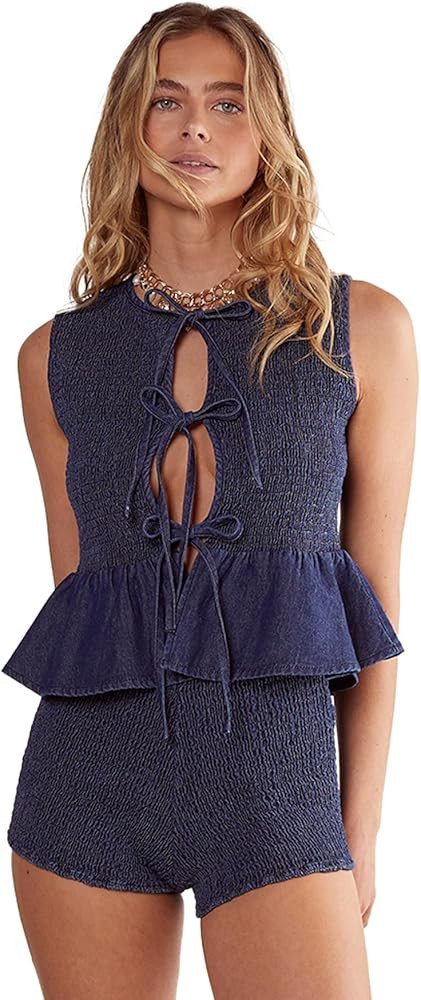 Nasty Gal Women's Shirred Chambray Tie Front Top | Amazon (US)