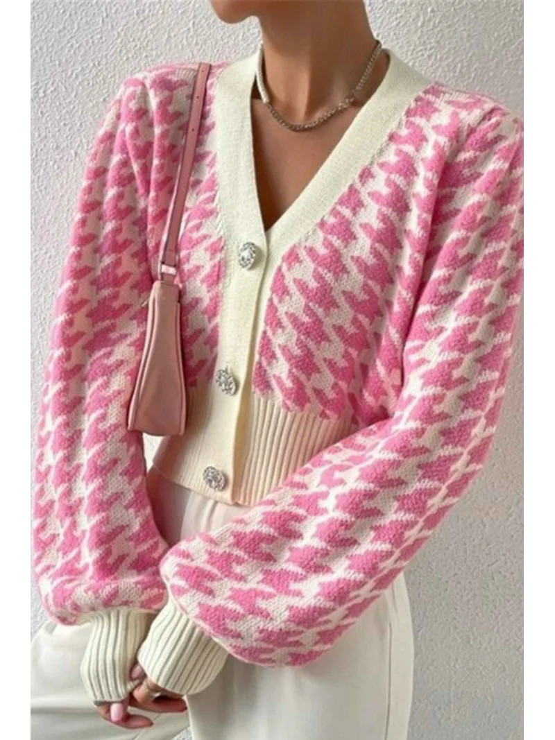 Houndstooth Button Down Knitted Cardigan Sweater (XL, LightPink) | Walmart (US)