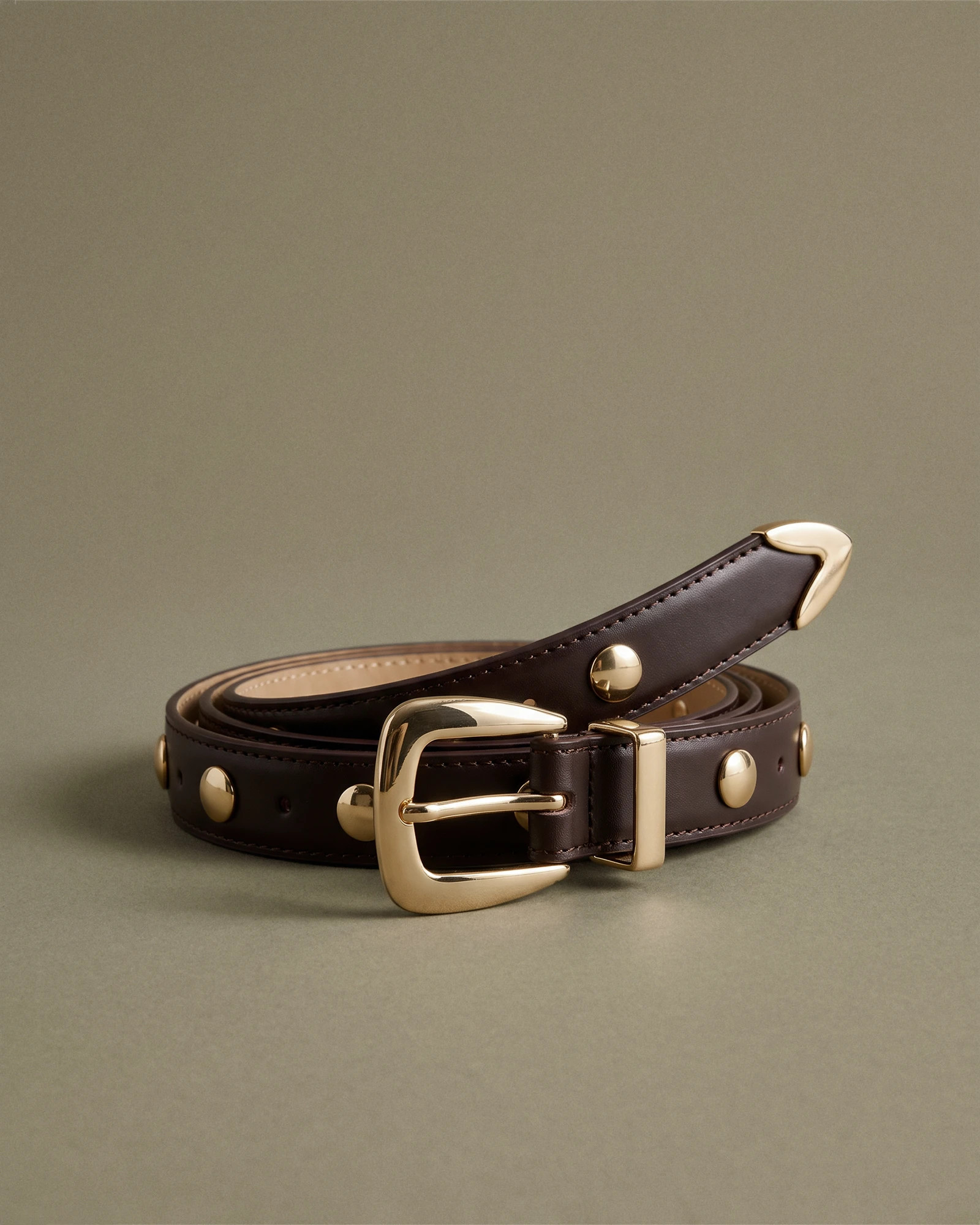 Quince | Women's Alyssa European Leather Studded Skinny Belt in Espresso Brown, Size Small | Quince