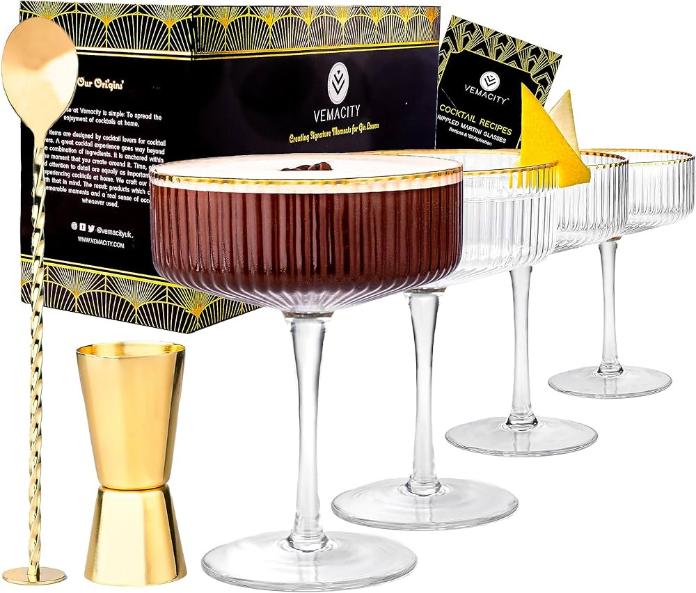 VEMACITY Ribbed Coupe Glasses Set of 4 with Gold Rims, Bar Spoon & Jigger | 10oz Coupe Cocktail G... | Amazon (US)