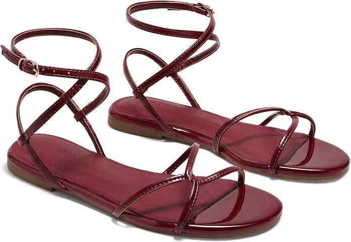 Coutgo Womens Flat Sandals Strappy Open Toe Cross Lace Up Ankle Strap Summer Dressy Beach Shoes | Amazon (US)