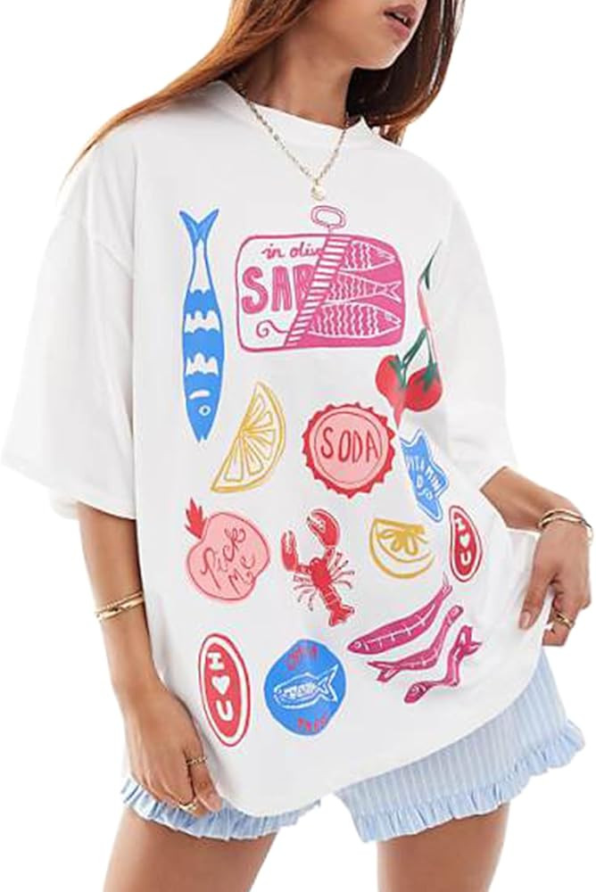 Women Y2k Oversized Summer Tops Cute Fruit Loose Fit Vintage T Shirts Crew Neck Aesthetic Graphic... | Amazon (US)