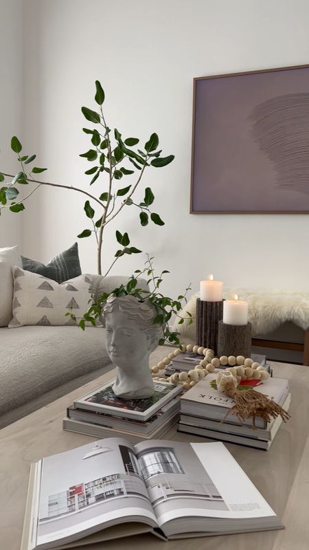 Coffee table stylings 

McGee & Co coffee table, Pottery Barn rug, travertine candle holder, mango wood beads, books, Grecian bust pot, Crate & Barrel Sofa, and plants. 

Boucle sofa, home decor, family room, living room decor, home finds. 

#LTKstyletip #LTKunder100 #LTKFind
