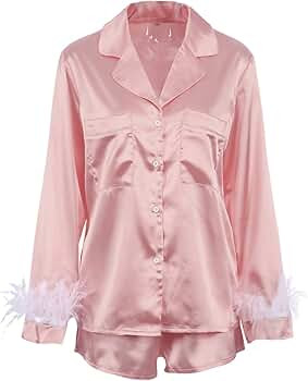 Women Satin Feather Sleeve Pajamas Set Button Down Long Sleeve Sleepwear Silk Shorts 2Pcs Nightwe... | Amazon (US)