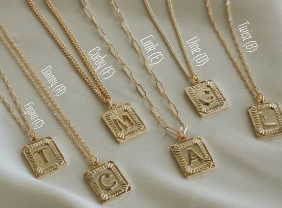 Gold Initial M Necklace, Medal G Letter Necklace, Alphabet Square C Necklace, A to Z Letter Neckl... | Etsy (US)