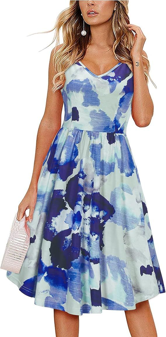 Arach&Cloz Women's V-Neck Spaghetti Strap Sundress Floral Casual Summer Swing Beach Dress with Po... | Amazon (US)