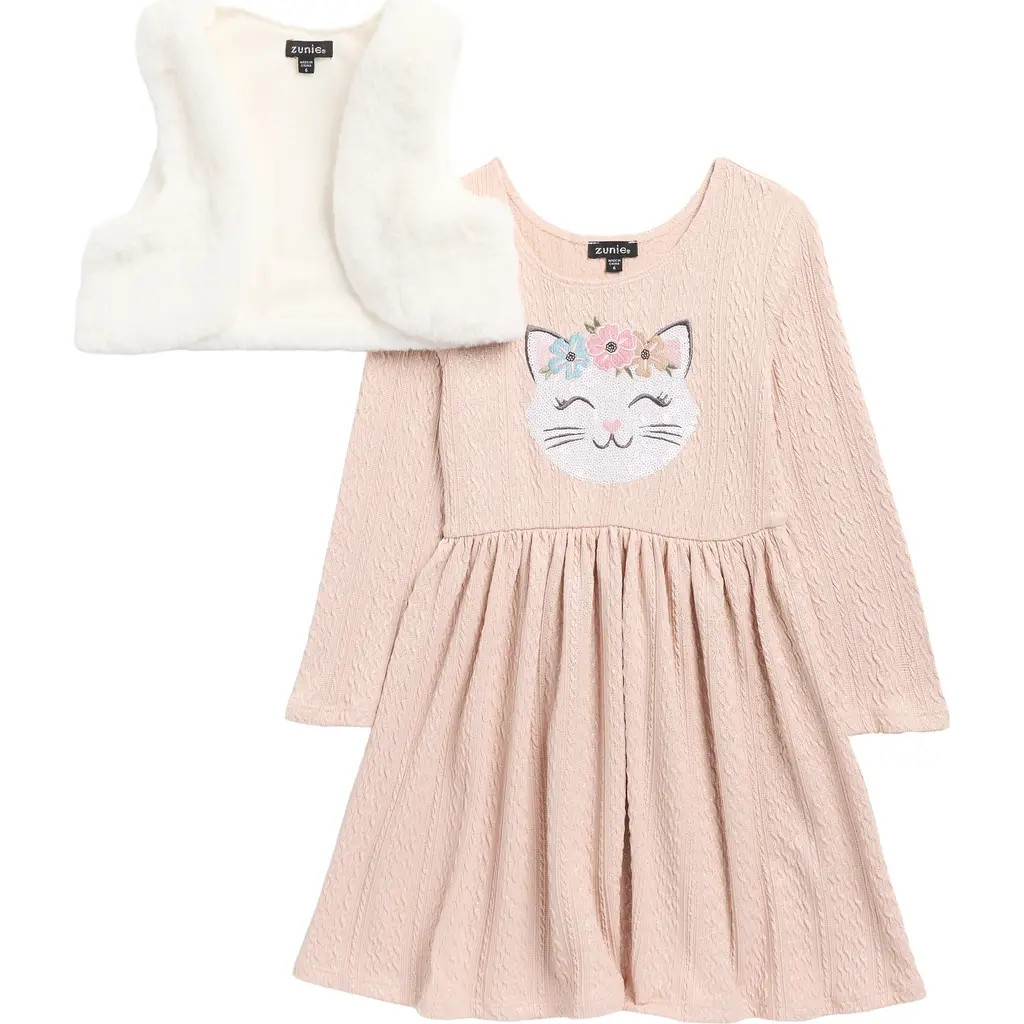 Zunie Kids' Sequin Cat Sweater Dress & Faux Fur Vest Set in Champagne at Nordstrom Rack, Size 4 | Nordstrom Rack
