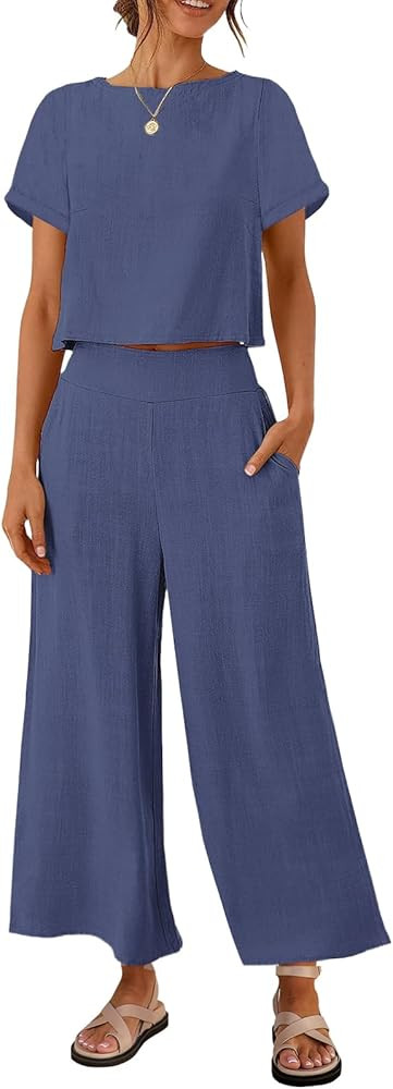 ZESICA Women's 2 Piece Outfits Linen Short Sleeve Crop Top and High Waist Pants Lounge Matching S... | Amazon (US)