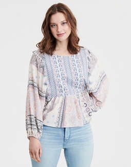 AE Long Sleeve Embroidered Blouse | American Eagle Outfitters (US & CA)