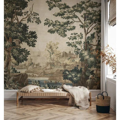 Vintage Landscape Wallpaper Trees, Birds and Serene Outdoor Scene Wall Mural | Wayfair North America