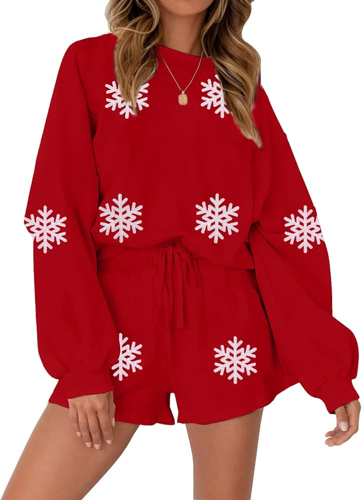 VILOVE Christmas Sweat Shorts Sets Women 2 Piece Merry Xmas Jolly Sequin Outfit Oversized Casual ... | Amazon (US)