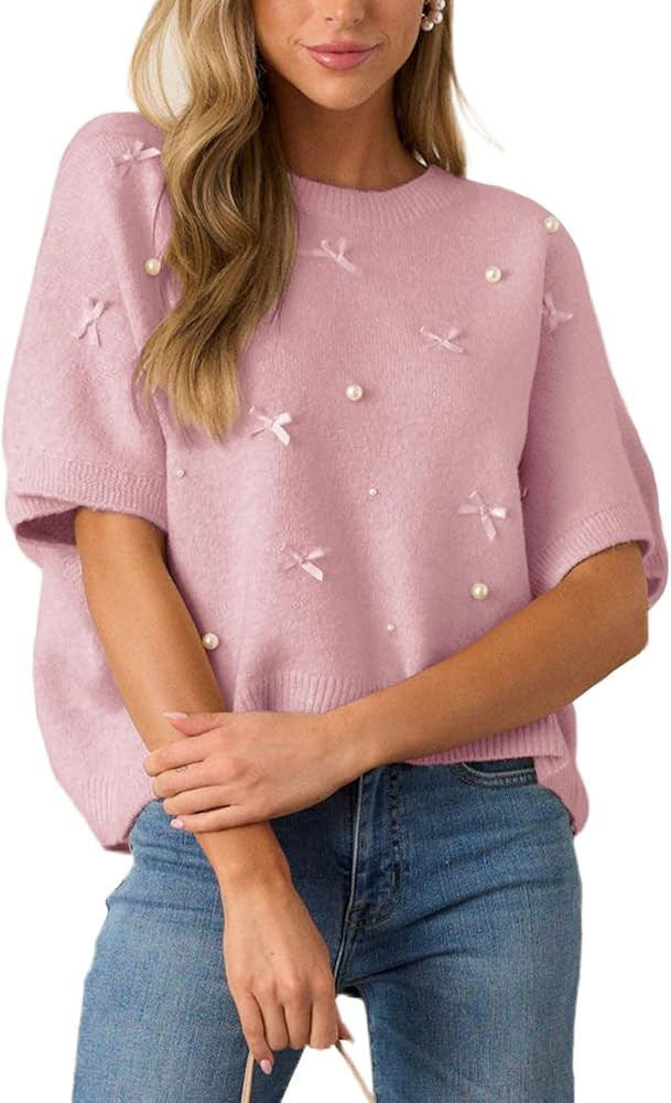 Kedera Womens Short Sleeve Bow Sweater Crewneck Cropped Pearl Top Bow Embellished Top Loose Pullo... | Amazon (US)