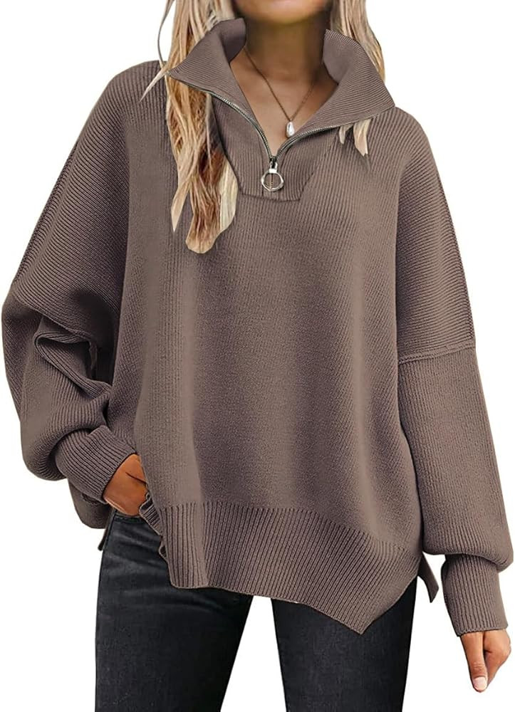 EFAN Women's Quarter Zip Pullover 2023 Fall Long Sleeve Collar Drop Shoulder Split Hem Slouchy Sw... | Amazon (US)
