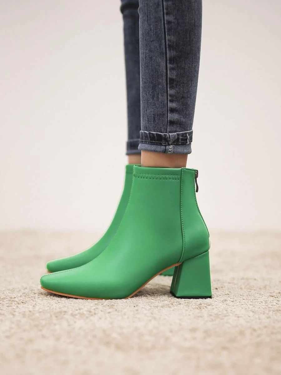 Minimalist Square Toe Back Zipper Chunky Heeled Boots | SHEIN