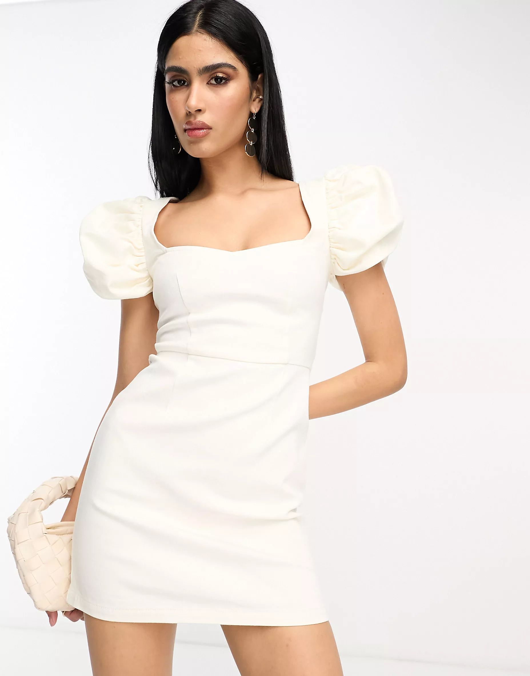 ASOS DESIGN denim mini dress with puff sleeves in white | ASOS (Global)