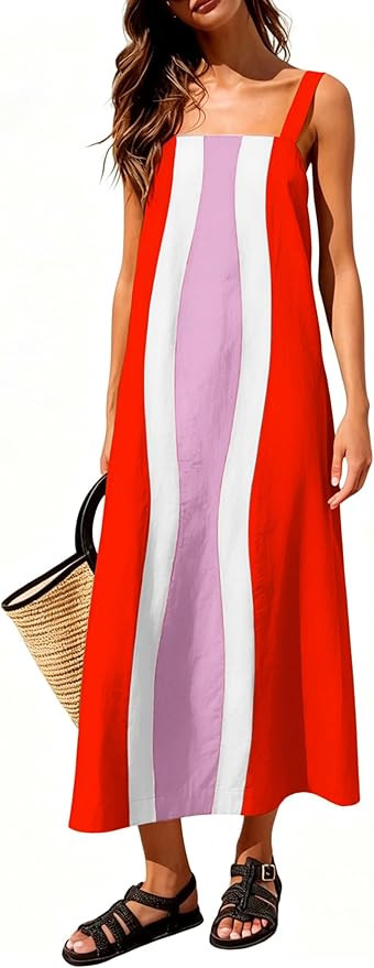 Women's Summer Boho Midi Dress Color Block Adjustable Straps Beach Vacation Overall Dresses with ... | Amazon (US)
