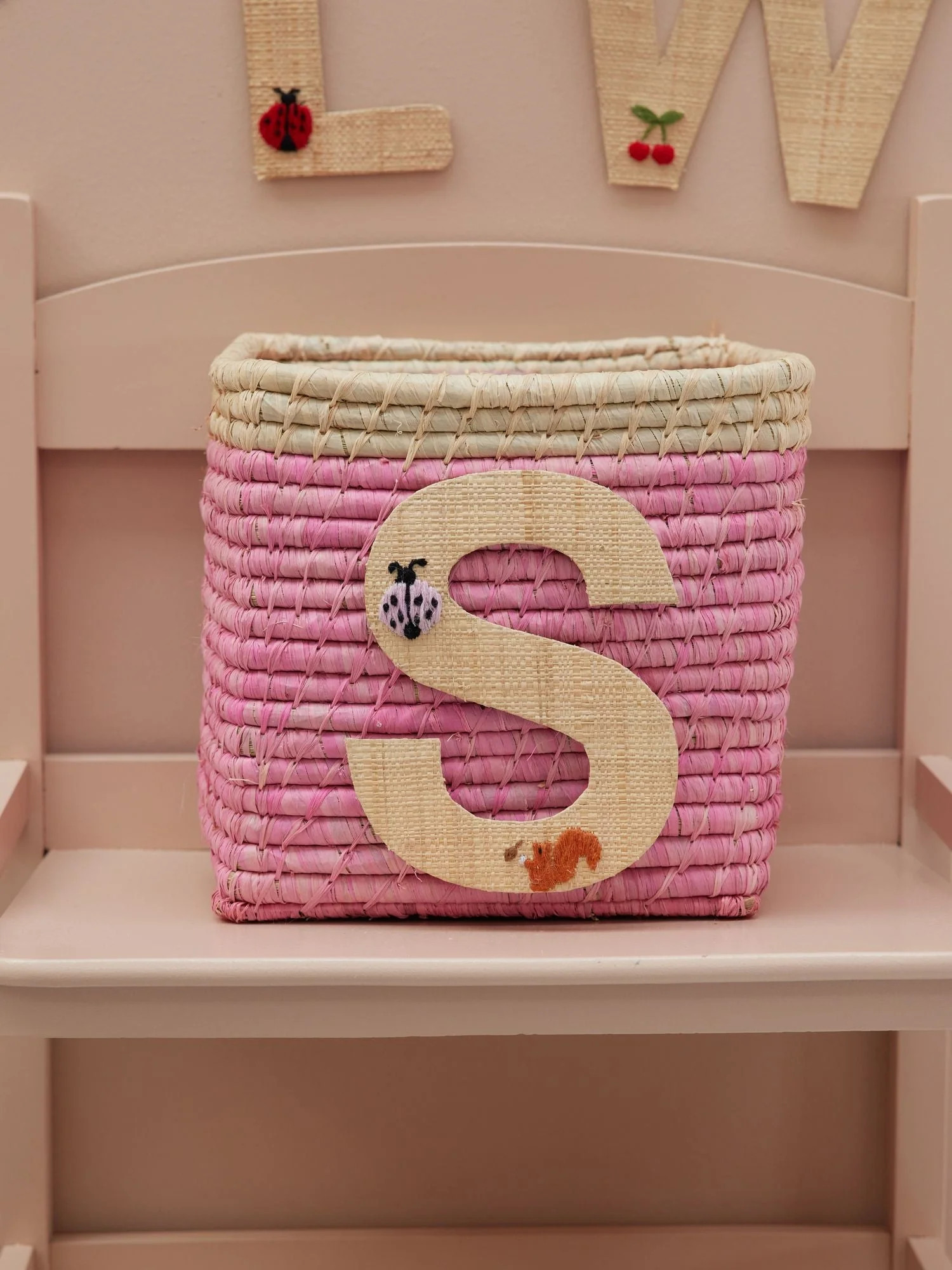 Raffia Basket in Soft Pink in Nature Border with One Raffia Letter - S | Rice By Rice