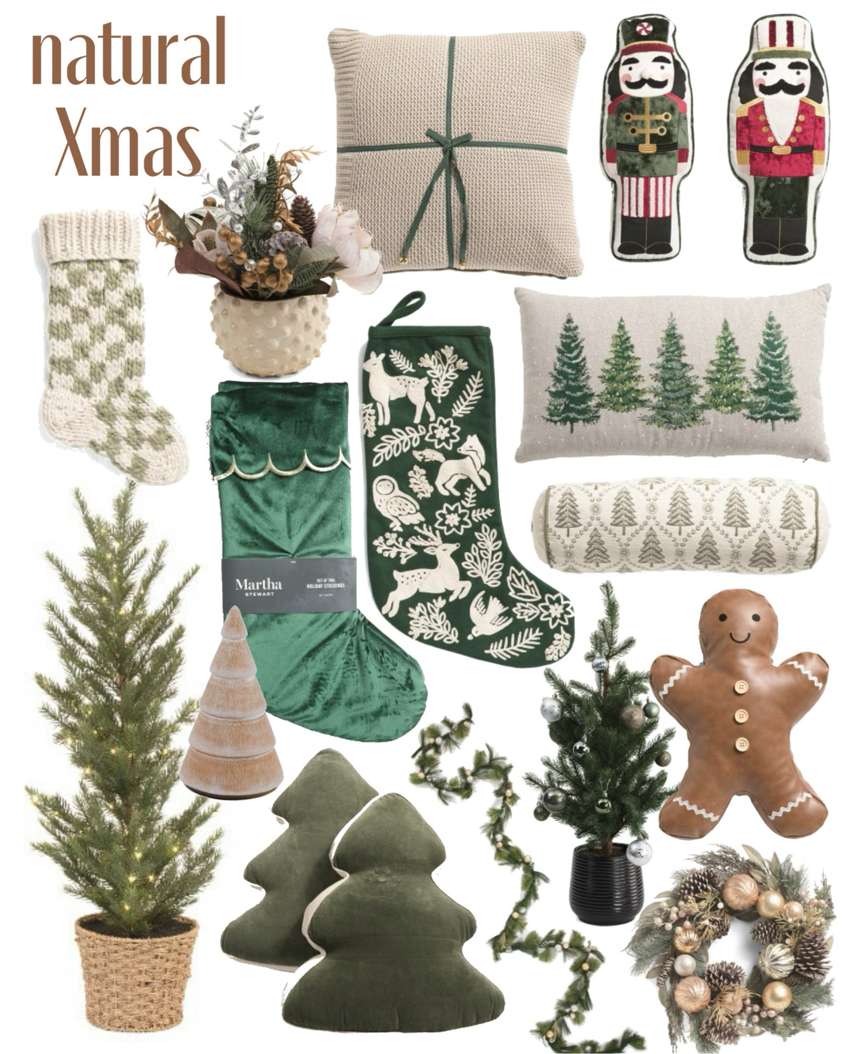 Natural Christmas decor with greens and browns from TJ Maxx, and Marshalls