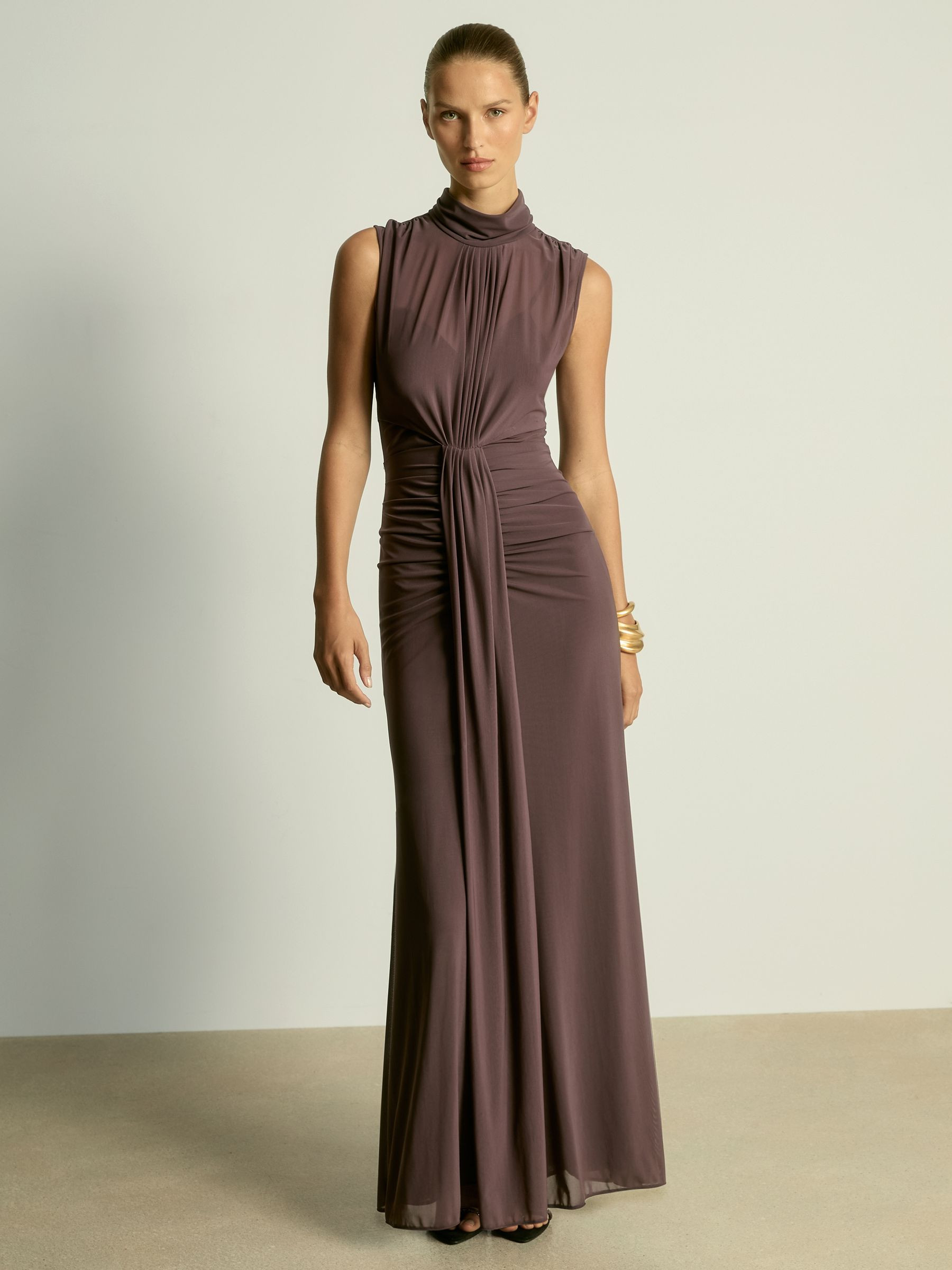 Sheer Ruched Maxi Dress in Taupe | Reiss DE