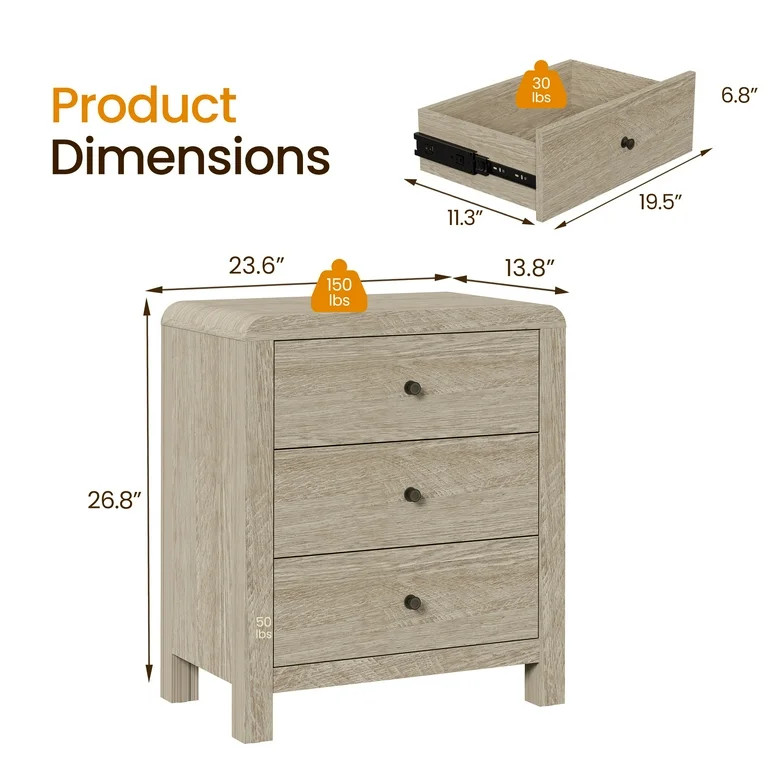 Heynemo 3 Drawer Dresser, Large Nightstand with Rounded Table Corners, for Bedroom, Living Room, ... | Walmart (US)