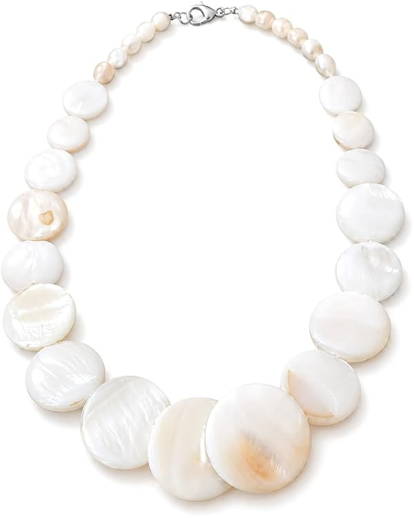 Shell Necklace for Women, White Disc Beach Jewelry with Mother of Pearl Look, Adjustable Statemen... | Amazon (US)