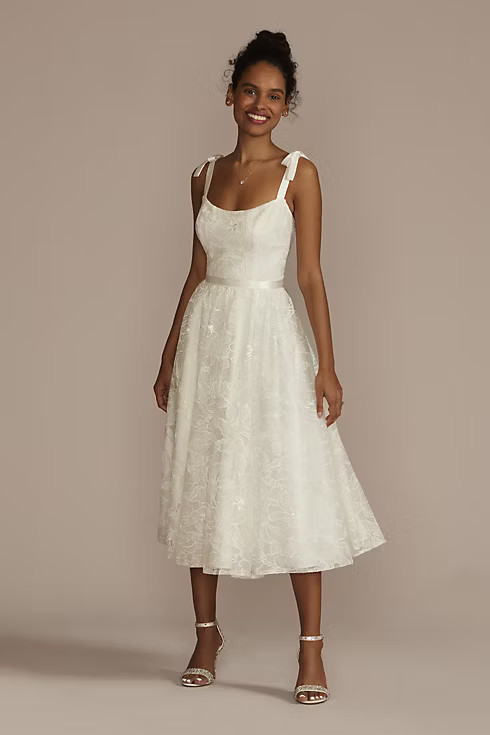 Floral Lace Midi Dress with Silk Tie Straps | Davids Bridal