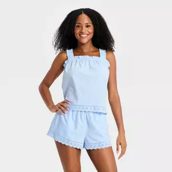 Women's Cotton Blend Eyelet Tank Top and Shorts Pajama Set - Auden™ Blue XS | Target