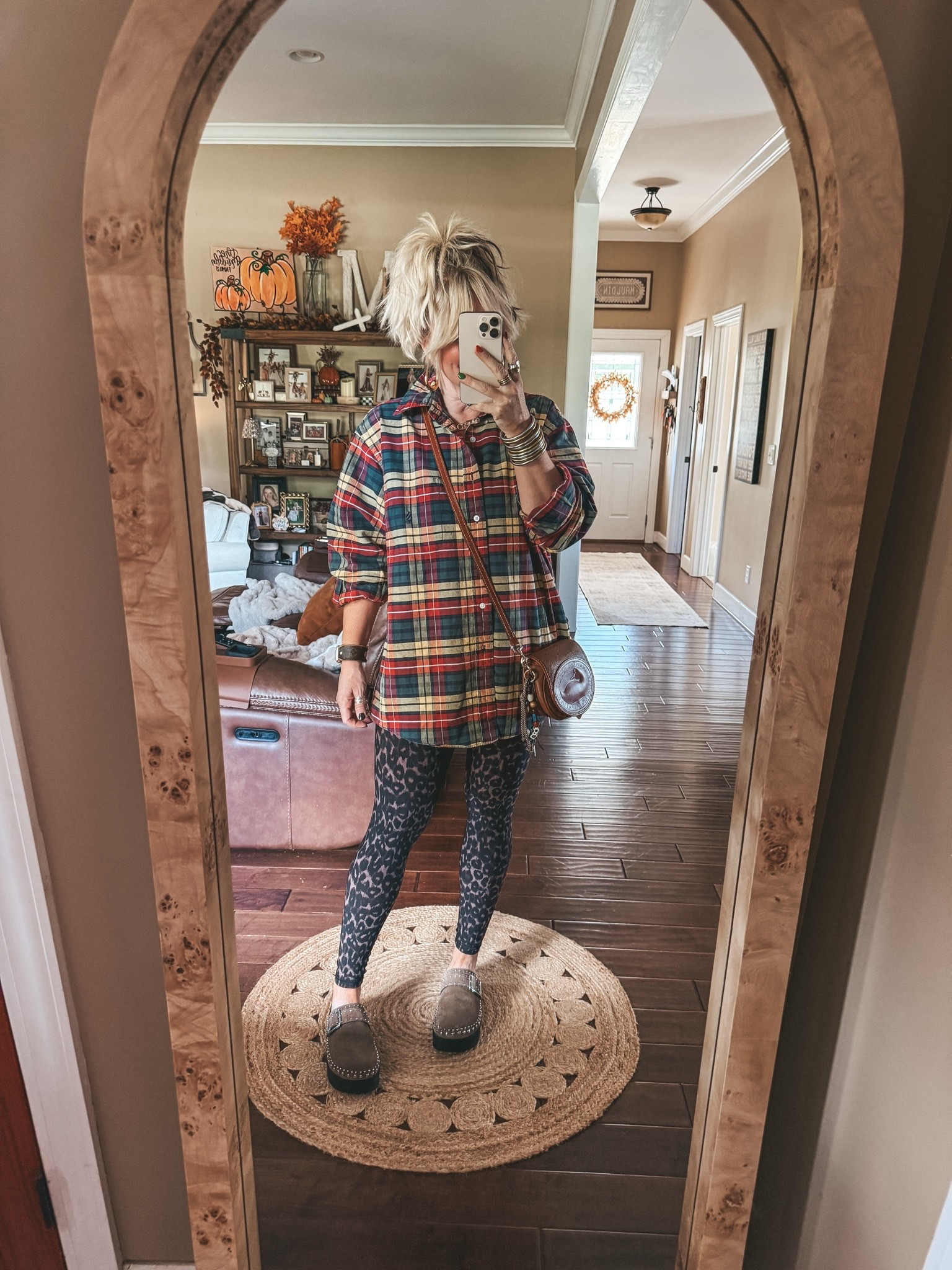 Oversized button up and leggings is always a cute fit! 
Men’s thrifted button down L
Leggings M
Studded mules true to size

#LTKOver40