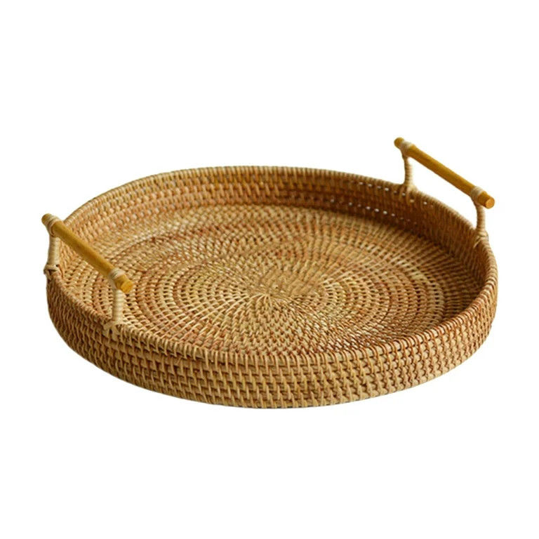 Storage Tray Wicker Basket, Round, Decorative, Serving Tray with Handles Woven | Walmart (US)