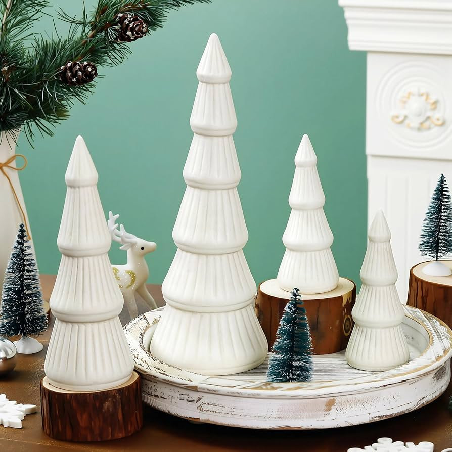 4 Pcs 12.5inch Ceramic Christmas Tree White Table Top Christmas Decorations Indoor Vintage Porcel... | Amazon (US)