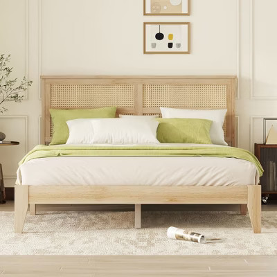 Queen Size Oak White Rubber Wooden, Solid Wooden Bed with Rattan Headboard | Target
