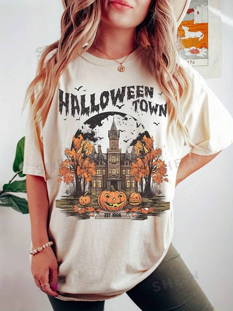 SHEIN LUNE Plus Size Round Neck Short Sleeve Pumpkin Print Casual T-Shirt | SHEIN